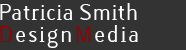 Text: "Patricia Smith Design Media" auf grauem Hintergrund, rote Buchstaben: D, M.