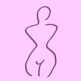 Abstrakte lila Strichzeichnung einer stehenden Figur auf rosa Hintergrund.