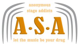 Logo mit Text: "Anonymous Stage Addicts. A.S.A. Let the music be your drug." in Orange und Grau.