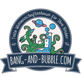 Logo mit Tentakeln, Laborglas, Planeten, Text: "Tolle Wissenschaftsshows für Ihre Kinder".