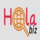 Logo with "Hola biz," featuring a globe in an orange magnifying glass.