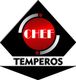 Logotipo com fundo preto, círculo vermelho central e "CHEF TEMPEROS" em letras brancas.