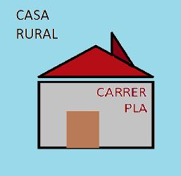 Dibujo de una casa rural con techo rojo y texto "Carrer Pla" en la pared. Fondo azul claro.