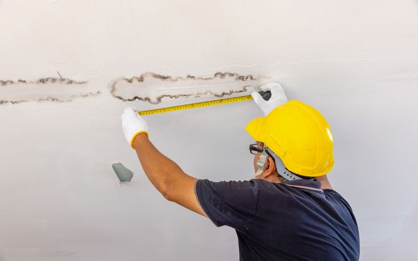 Ein Gutachter misst die Größe eines Schimmelbefalls an der Decke aus, um Schadensersatzansprüche anstellen zu können.