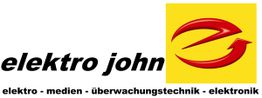 Logo von "elektro john" mit rotem Symbol und gelbem Hintergrund. Text: "elektro, medien, elektronik".