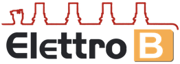 Logo con scritta "Elettro B" e sagome di skyline rosso sopra.
