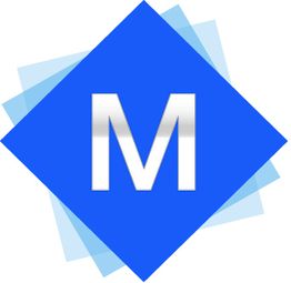 Blaues Rautensymbol mit weißem Buchstaben "M" und leicht durchscheinenden Ecken.
