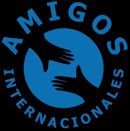 Logo with blue hands forming a circle, text "Amigos Internacionales" surrounding it.