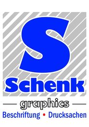 Großes blaues "S" auf grauem Hintergrund mit "Schenk graphics" und "Beschriftung • Drucksachen".