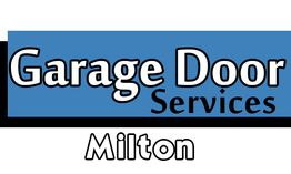 "Logo saying 'Garage Door Services Milton' with blue and black background."