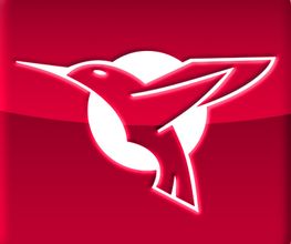 Rotes Kolibri-Logo vor weißem Kreis auf quadratischem Hintergrund.