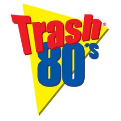 Logo retrô com texto "Trash 80's" em vermelho e azul sobre um triângulo amarelo.
