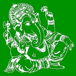 Weißer Umriss von Gottheit Ganesha auf grünem Hintergrund, sitzend mit erhobenen Händen.