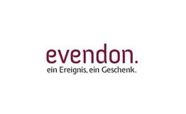 "Logo mit Schriftzug 'evendon. ein Ereignis, ein Geschenk.' in dunkelroter Farbe auf weißem Hintergrund."