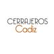 Texto que dice "CERRAJEROS Cádiz" en letras negras y marrones sobre fondo blanco.