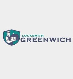 Logo: Locksmith Greenwich with a shield showing a locksmith holding a key and a house.