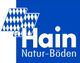 Logo mit blauem Hintergrund, Text: "Hain Natur-Böden", Rautenmuster links oben.