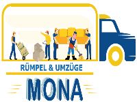 Männliche Figuren tragen Umzugskartons in gelbem LKW mit Text: "Rümpel & Umzüge MONA".