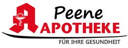 Logo der Peene Apotheke mit rotem Apothekenzeichen und Slogan "Für Ihre Gesundheit".
