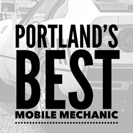 "Portland's Best Mobile Mechanic" text over a car background in black and white.