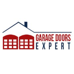 Logo with house and red garage doors, text: "Garage Doors Expert."