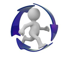 3D-Figur läuft innerhalb eines Kreises aus blauen Pfeilen.