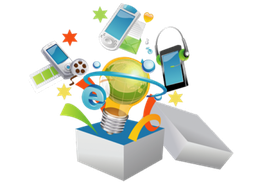 Caja abierta con bombilla, gadgets y símbolos tecnológicos flotando alrededor.