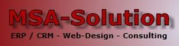 Rotes Logo: "MSA-Solution", darunter "ERP / CRM - Web-Design - Consulting" auf grauem Hintergrund.
