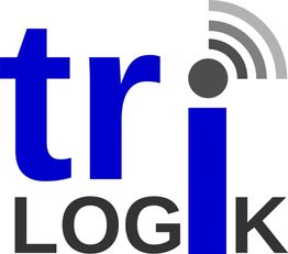 Logo mit dem Text "tri LOGIK", blauer Schrift, grauer Kreis mit Wellenlinien.