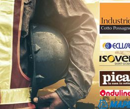 Operaio con caschetto e loghi di aziende edili: Industrie Cotto Possagno, Eclisse, Isover, Pica.