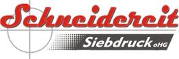 Logo mit dem Text "Schneidereit Siebdruck oHG" in Rot und Grau, Grafik mit Zielkreuz.