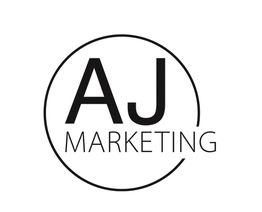 AJ MARKETING-Logo mit schwarzem Text in einem schwarzen Kreis auf weißem Hintergrund.
