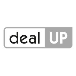 Logo mit den Wörtern "deal" in schwarz und "UP" in Weiß auf grauem Hintergrund.