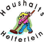 Mädchen kehrt Boden mit einem Besen, Schriftzug „Haushalts Helferlein“ im Kreis.