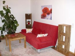 Rotes Sofa, Holztisch, Pflanzen und Regale in gemütlichem Wohnzimmer mit Mohnblumenbild an der Wand.
