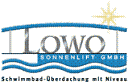 Logo mit Schriftzug "LOWO Sonnenlift GmbH", Slogan: "Schwimmbad-Überdachung mit Niveau".