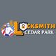 Locksmith Cedar Park logo with key, shield, and worker in a circle with USA flag colors.