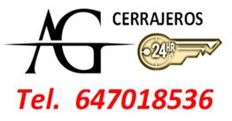 Logotipo de cerrajería AG, servicios 24 horas, con número de teléfono 647018536.