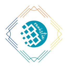 Buntes, geometrisches Design mit türkisem Kreis und stilisiertem Text in der Mitte.