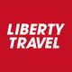 "Red background with 'Liberty Travel' written in bold white letters."