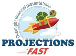 Turtle on rocket logo with text "Overnight financial presentations, PROJECTIONS FAST."