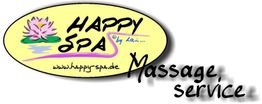 Ovales Logo mit Seerose, "Happy Spa Massage Service" in verspielter Schrift.