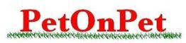 Texto "PetOnPet" en rojo sobre fondo blanco y césped verde.