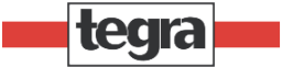 Logo mit dem Schriftzug "tegra" in Schwarz auf weißem Hintergrund, mit zwei roten Streifen.