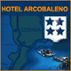 Mappa con scritta "Hotel Arcobaleno," tre stelle e litorale.