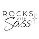 "Rocks with Sass" logo with elegant text and sparkles on a white background.