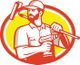 Illustration of a worker in a cap holding a paint roller and a drill, in a retro style.