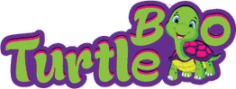 Cartoon turtle with "Turtle Boo" text in playful, colorful font.