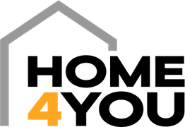 Logo mit Hauslinie und Text "HOME 4 YOU" in Schwarz und Orange.
