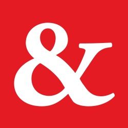 White ampersand symbol on a red background.